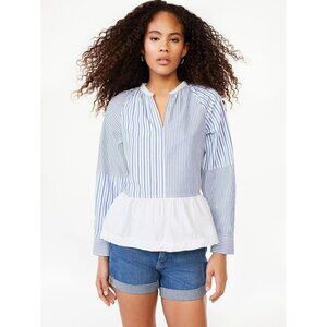 NWT Free Assembly Women's V-Neck Long Sleeves Cotton Peplum Top